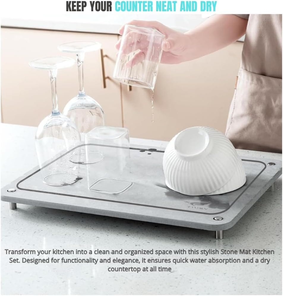 "Modern minimalist kitchen featuring the complete ZIURV 6-piece stone drying mat set clean and organized."