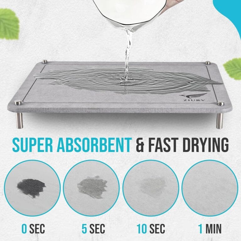 Close-up of diatomite mat absorbing water quickly beside the sink