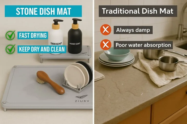 "Comparison of a wet fabric dish mat and a dry ZIURV diatomite stone mat with dishes."