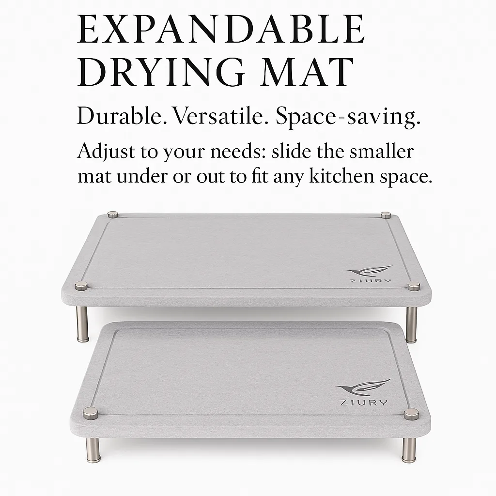 Expandable drying mat system with stackable trays for saving counter
