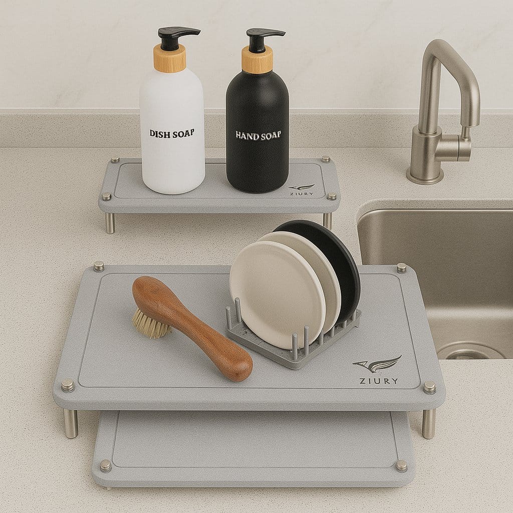 ZIURV 6-piece diatomite stone drying set neatly arranged on a modern kitchen countertop with stainless steel sink.