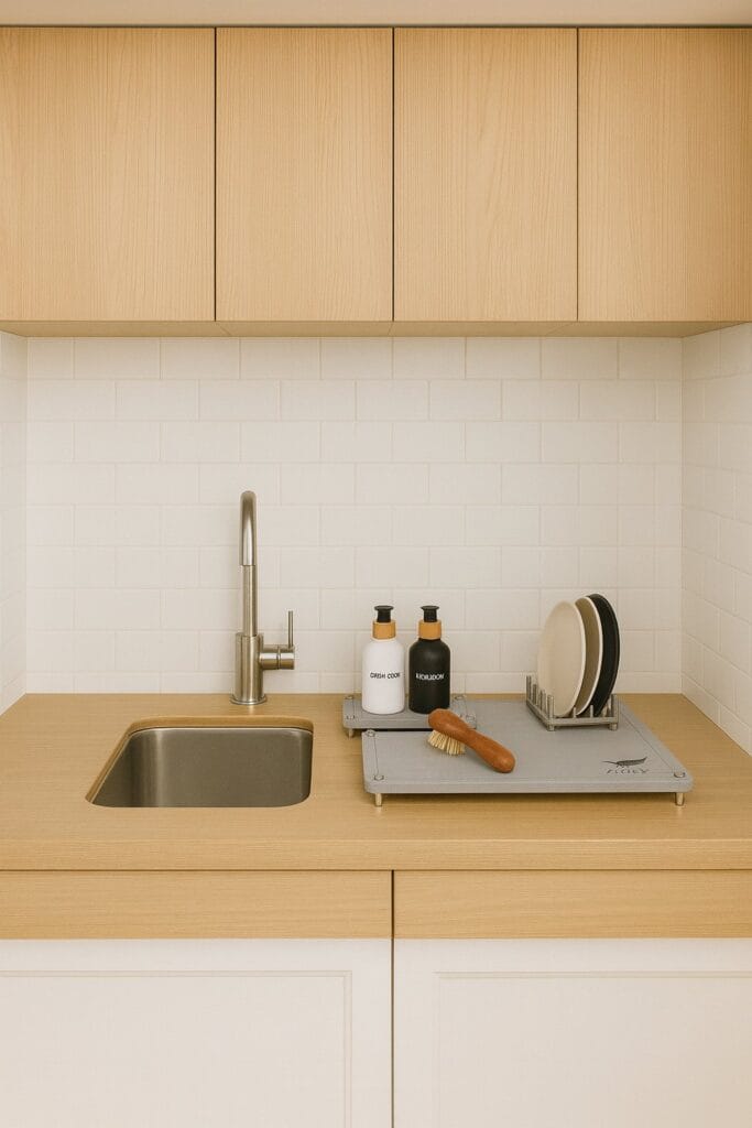 Close-up of a ZIURV diatomaceous mat drying set — two natural stone mats with stainless-steel legs, a small tray, and elegant soap dispensers.