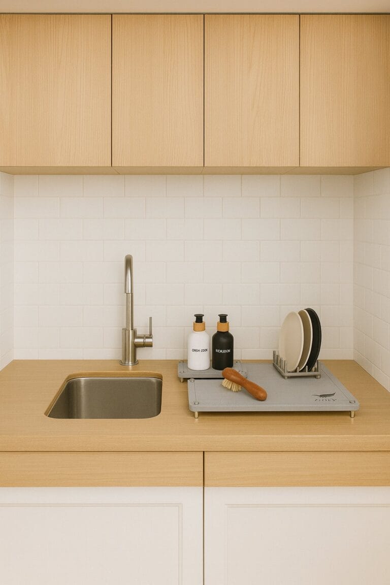 Close-up of a ZIURV diatomaceous mat drying set — two natural stone mats with stainless-steel legs, a small tray, and elegant soap dispensers.