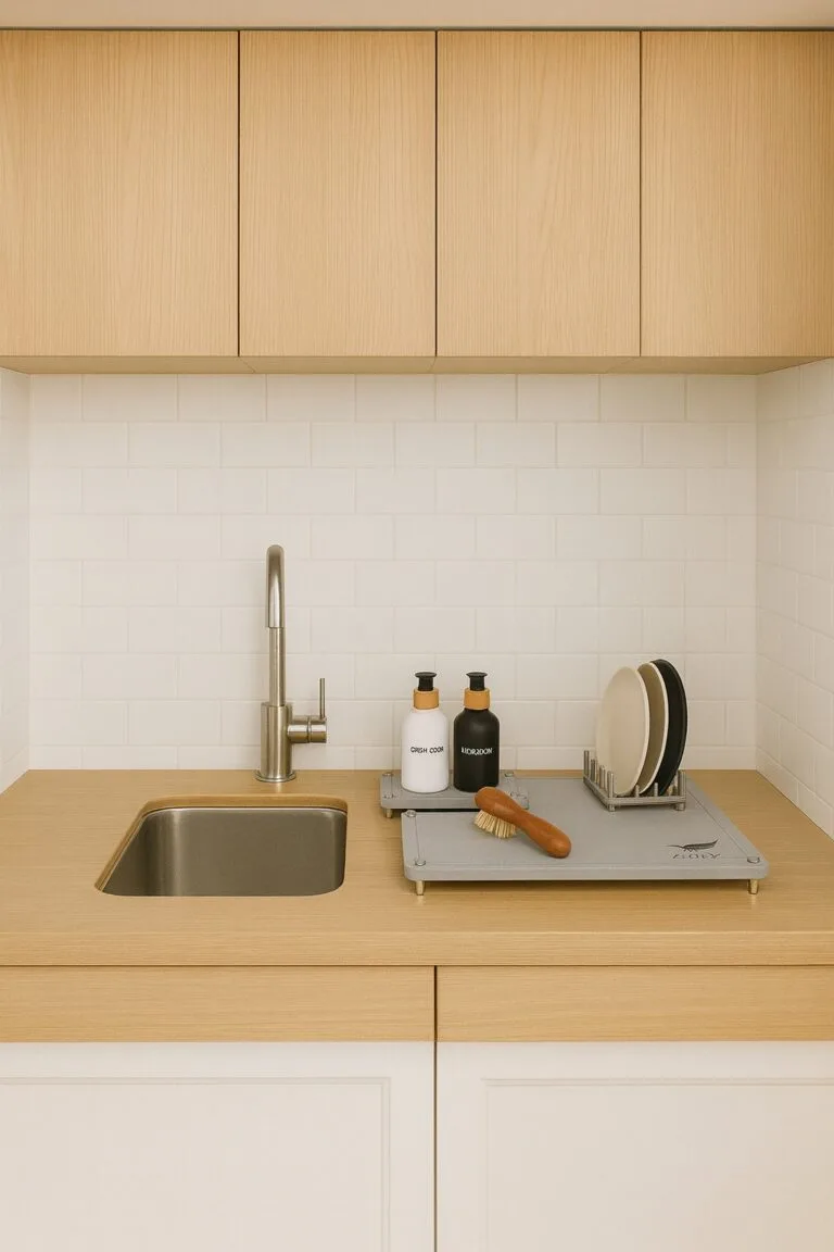 Close-up of a ZIURV diatomaceous mat drying set — two natural stone mats with stainless-steel legs, a small tray, and elegant soap dispensers.