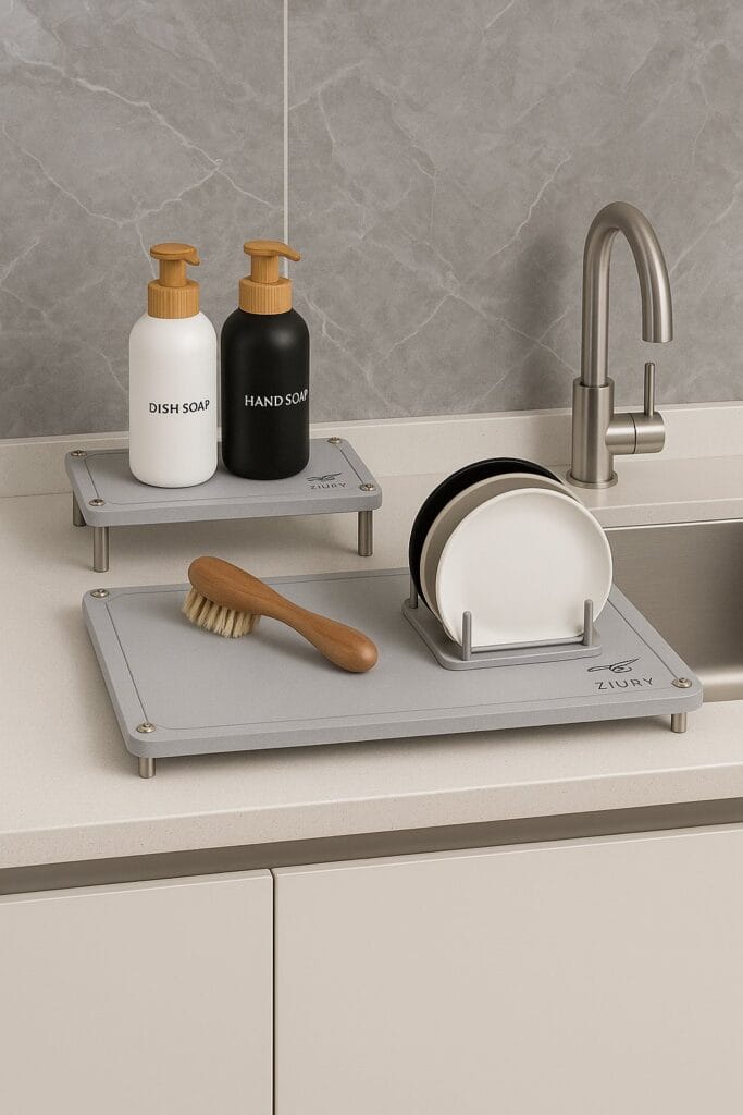 Minimalist kitchen sink area featuring the full 6-piece ZIURV diatomite stone drying mat set with stainless steel legs, bamboo-top soap dispensers, and compact dish rack.