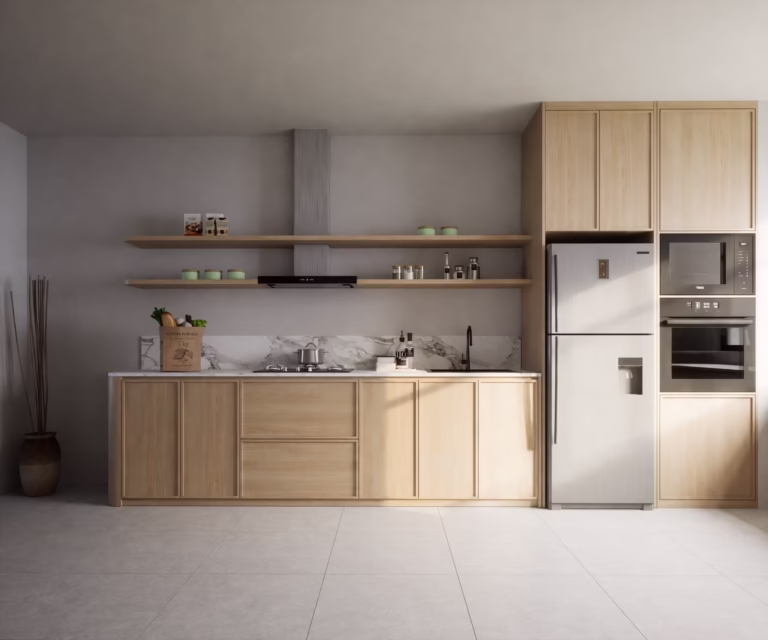 Modern kitchen decorated with natural textures, featuring ZIURV stone drying mats, bamboo dispensers, and neutral tones.