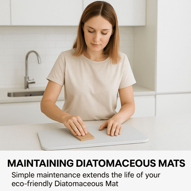 Woman maintaining a Diatomaceous Mat with sandpaper in a minimalist clean kitchen.